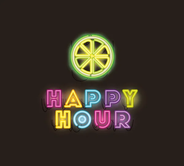 Happy hour with half lemon fonts neon lights — Stock Vector