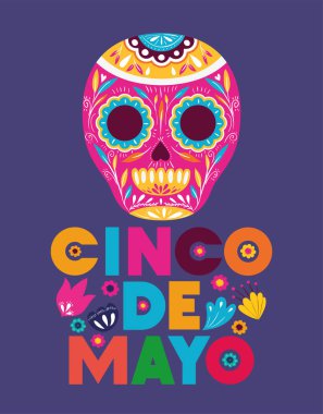 Cinco de mayo kartı çiçekler ve kafatası maskesi