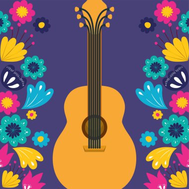 Cinco de mayo kartı gitar ve çiçekler