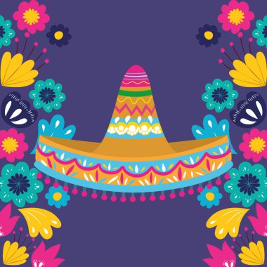 Cinco de mayo kartı çiçek ve şapka ile