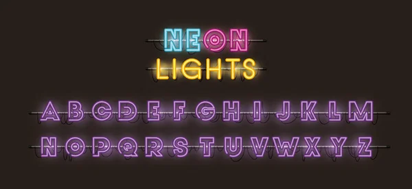 Alphabet fonts neon lights — Stock Vector