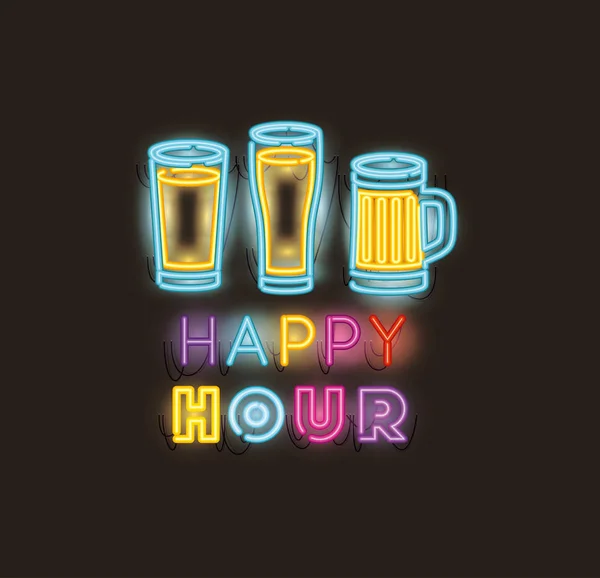 愉快的小时与啤酒罐字体霓虹灯 — 图库矢量图片
