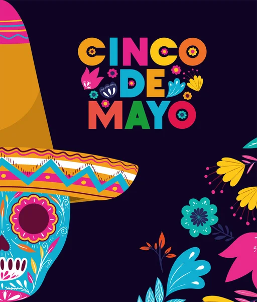 Tarjeta cinco de mayo con cráneo y sombrero — Vector de stock