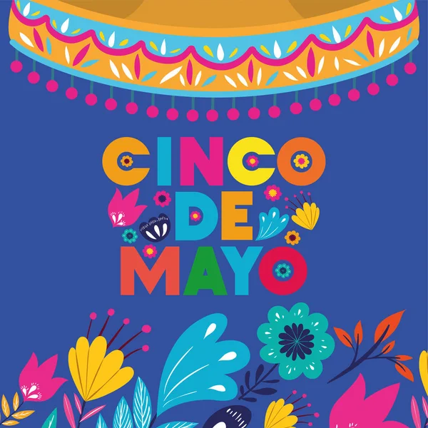 Cinco de mayo kartı çiçek ve şapka ile — Stok Vektör