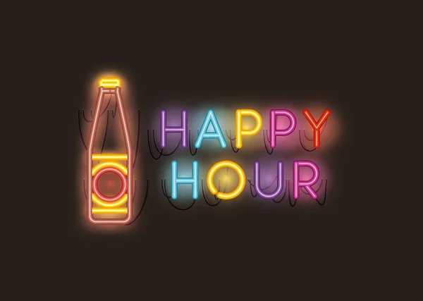 Happy hour s pivní láhev písma neonová světla — Stockový vektor