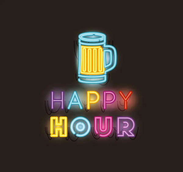 Happy hour con cerveza tarro fuentes neón luces — Archivo Imágenes Vectoriales