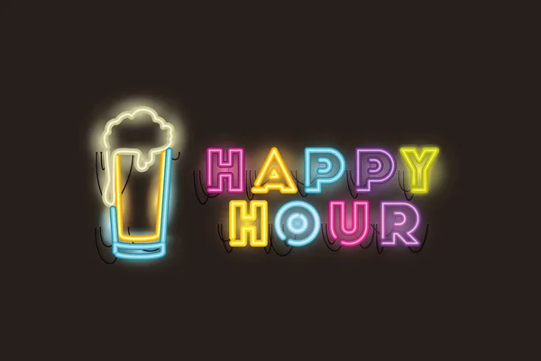 Счастливый час с баночкой пива и неоновыми огнями — стоковый вектор