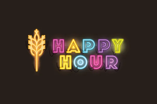 Happy hour com fontes spike luzes de néon — Vetor de Stock