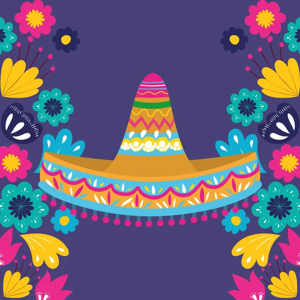 Tarjeta cinco de mayo con flores y sombrero — Vector de stock