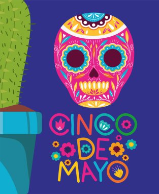 Cinco de mayo kartı ölüm maskesi ve kaktüs
