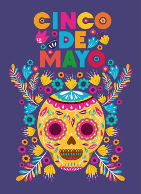 Cinco de mayo kartı çiçekler ve kafatası maskesi