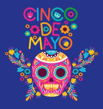 Cinco de mayo kartı çiçekler ve kafatası maskesi