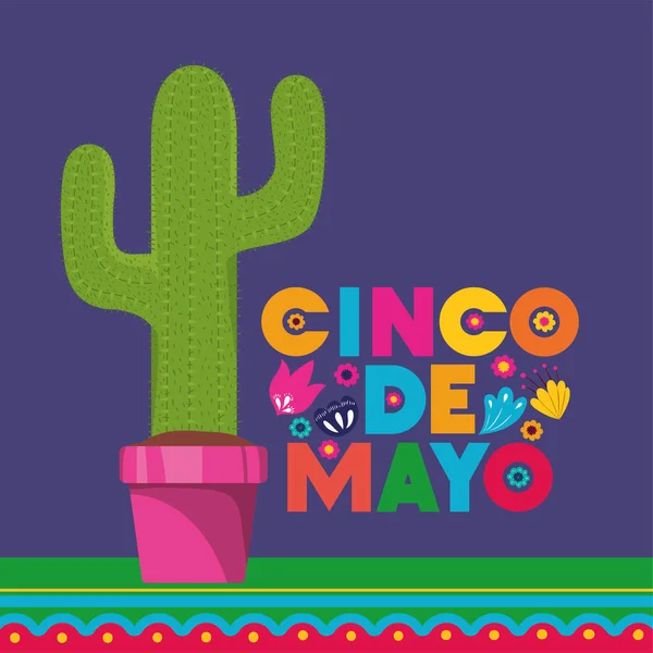 Tarjeta cinco de mayo con flores y cactu — Vector de stock