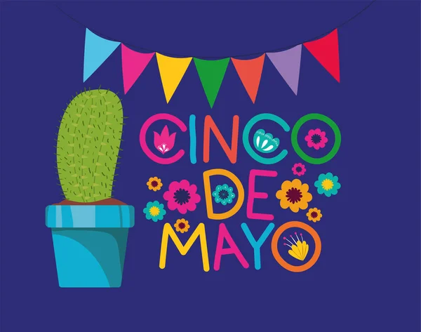 Tarjeta cinco de mayo con cactus y guirnaldas — Vector de stock