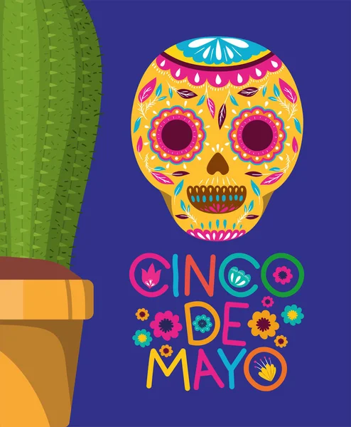 Tarjeta cinco de mayo con máscara de muerte y cactus — Vector de stock