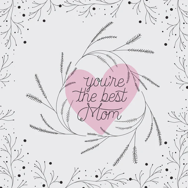 Ευτυχισμένος μητέρες ημέρα κάρτα με βότανα καρδιά σε ξύλινο πλαίσιο — Διανυσματικό Αρχείο