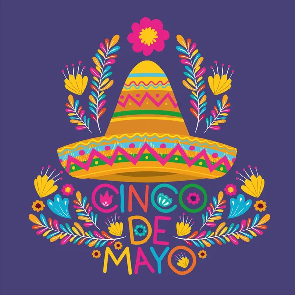 Carte cinco de mayo avec fleurs et chapeau — Image vectorielle