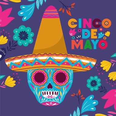 Cinco de mayo kartı kafatası ve şapka