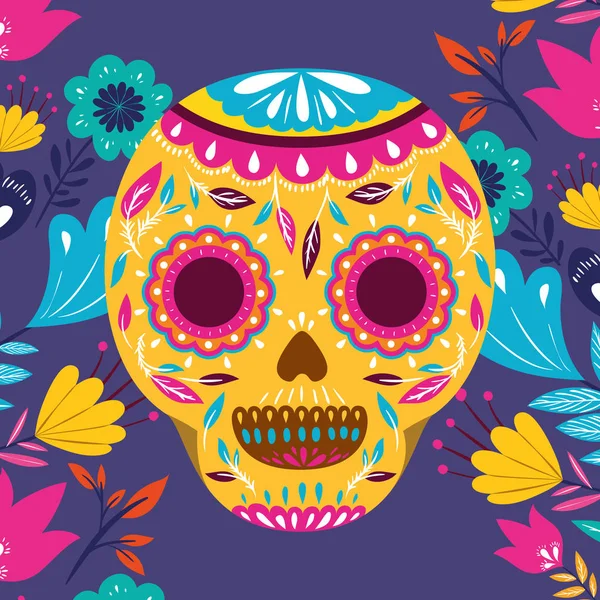 Carte cinco de mayo avec fleurs et masque crâne — Image vectorielle