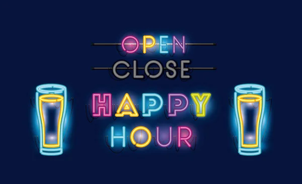 Happy hour with beers jars fontes luzes de néon —  Vetores de Stock