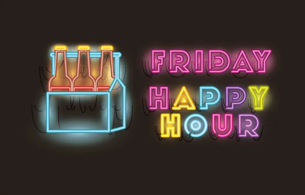 Cuma happy hour bira şişe sepet yazı tipleri neon ışıkları — Stok Vektör