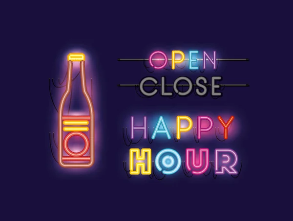 Happy hour com fontes beer bottle luzes de néon —  Vetores de Stock