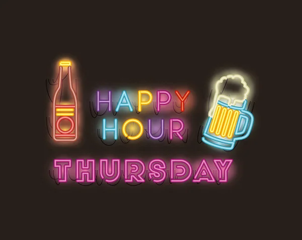 Happy hour με μπύρα μπουκάλι γραμματοσειρές φώτα νέον — Διανυσματικό Αρχείο