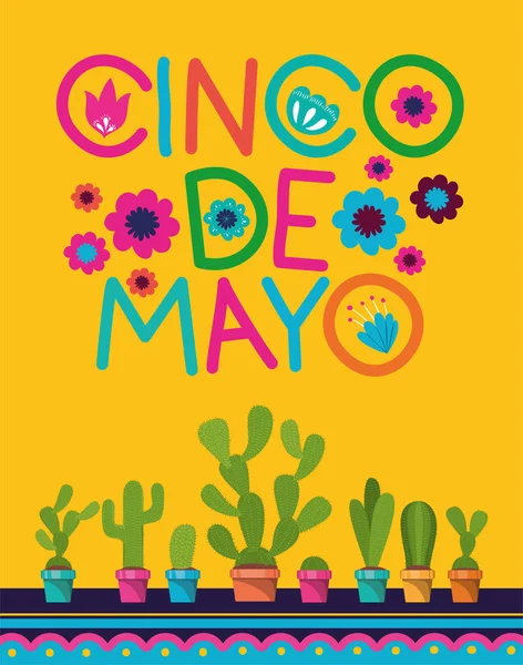 Tarjeta cinco de mayo con flores y cactus — Vector de stock