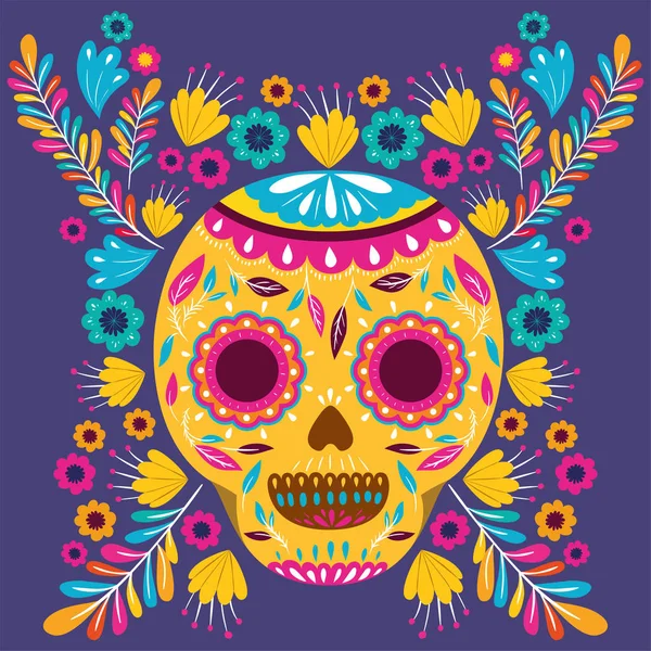 Tarjeta cinco de mayo con flores y máscara de cráneo — Vector de stock