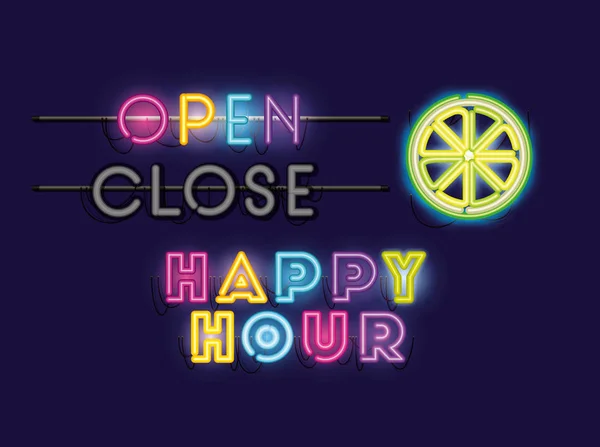 Yarım limon yazı tipleri neon ışıkları happy hour — Stok Vektör