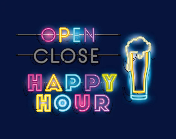 Happy hour com fontes beer jar luzes de néon —  Vetores de Stock
