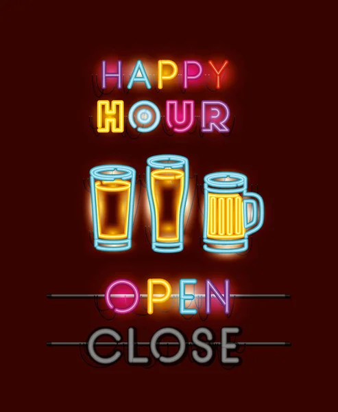 Happy hour com fontes beers luzes de néon —  Vetores de Stock