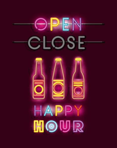 Happy hour med öl flaskor teckensnitt neonljus — Stock vektor