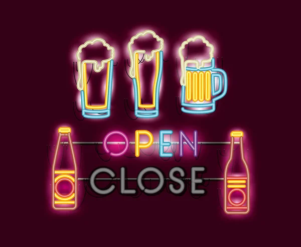 Beers jars and bottles neon lights — Stock Vector