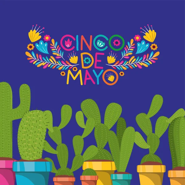 Carte cinco de mayo avec fleurs et cactus — Image vectorielle