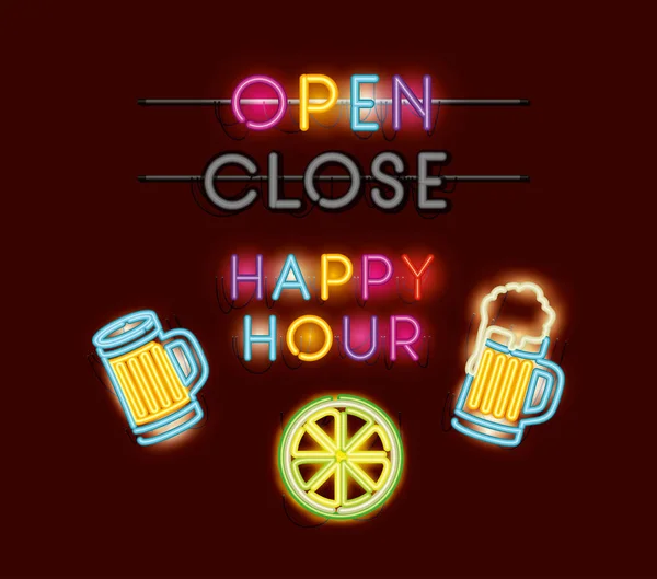 Happy hour avec des polices beers néon lumières — Image vectorielle