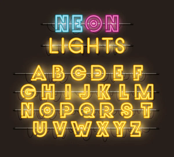 Alphabet fonts neon lights — Stock Vector