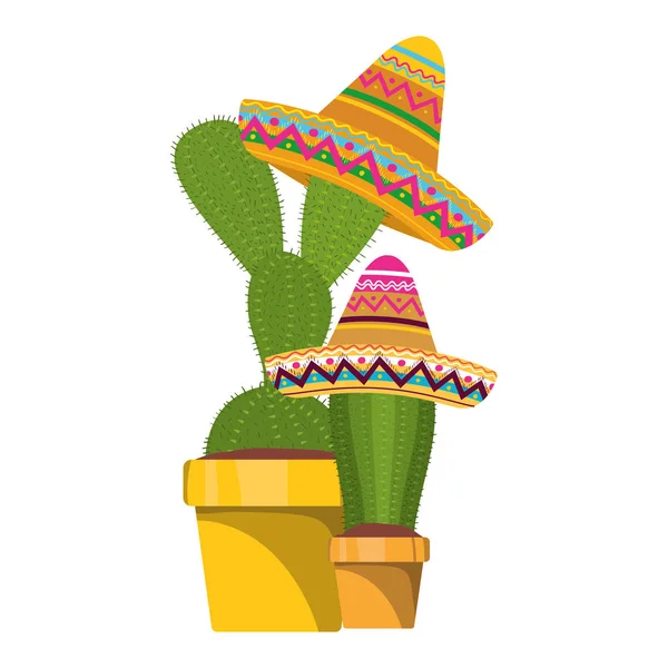 Cacto com pote e ícone chapéu mexicano — Vetor de Stock