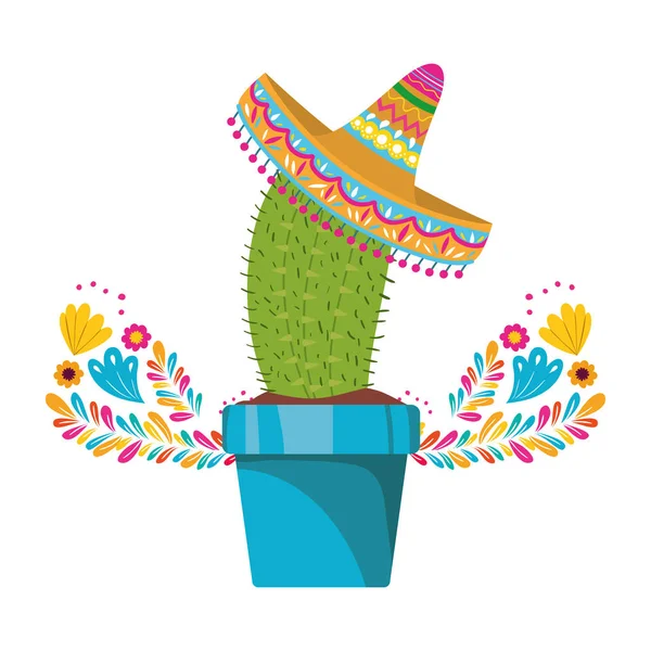 Cactus con maceta y icono de sombrero mexicano — Vector de stock