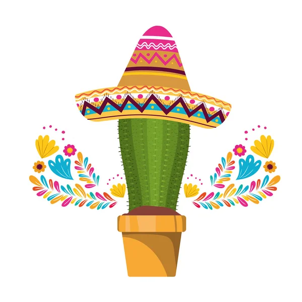 Κάκτος με δοχείο και εικονίδιο μεξικάνικο καπέλο — Διανυσματικό Αρχείο