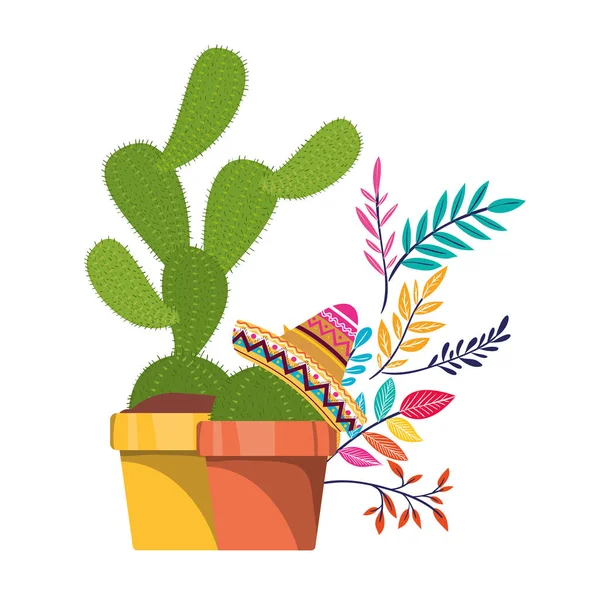 Cactus con maceta y icono de sombrero mexicano — Archivo Imágenes Vectoriales