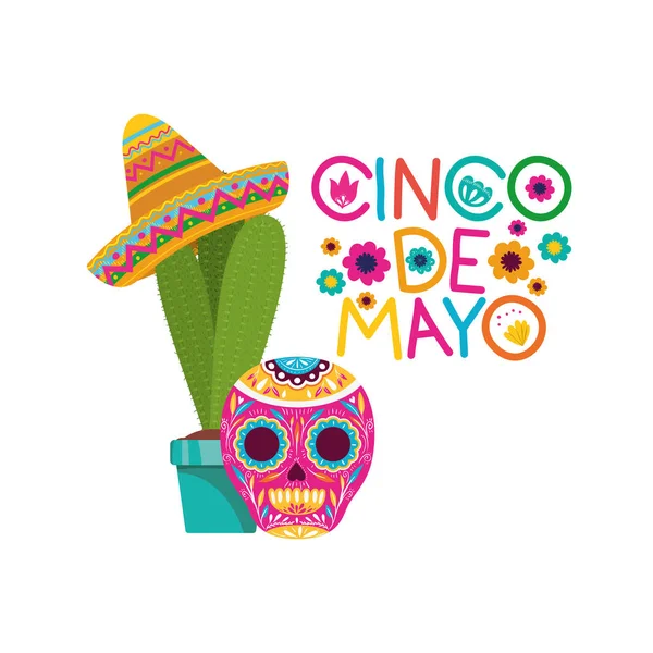 Etiqueta cinco de mayo con cactus y cráneo — Vector de stock