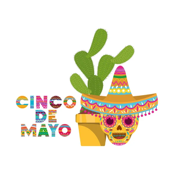 Etiqueta cinco de mayo con cactus y cráneo — Vector de stock