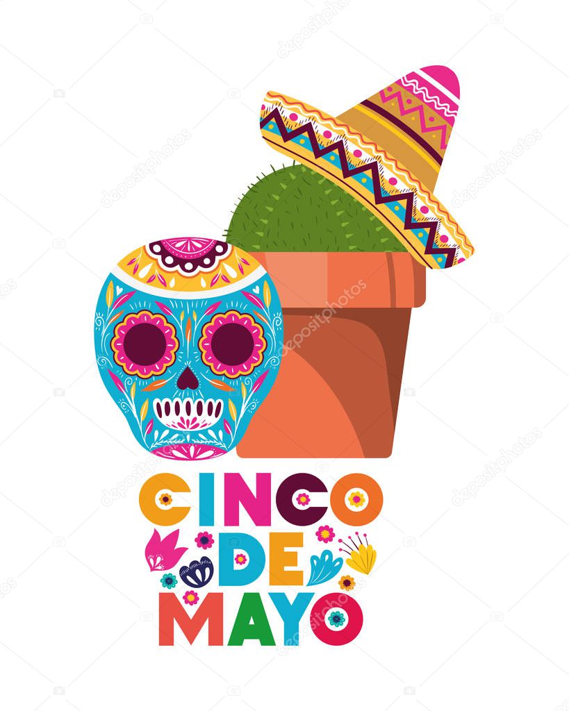 cinco de mayo label with cactus and skull