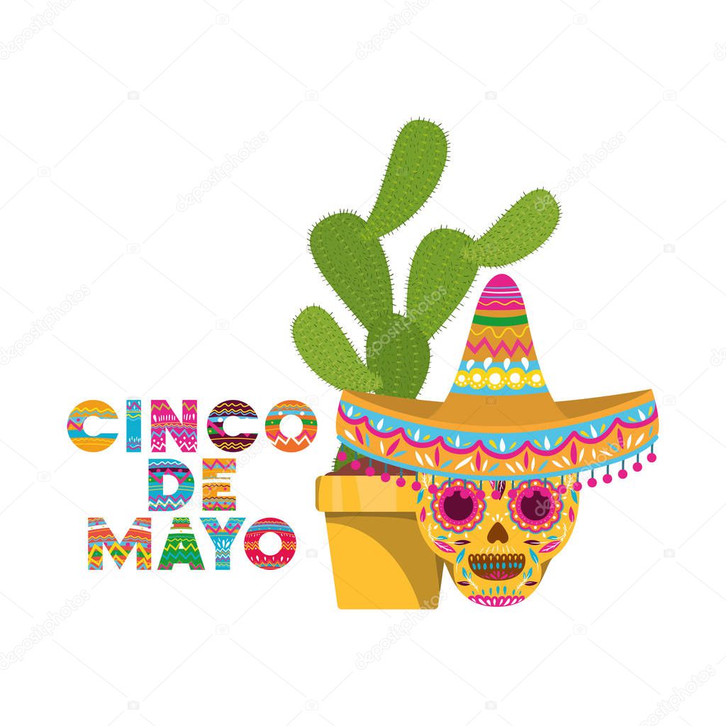 cinco de mayo label with cactus and skull