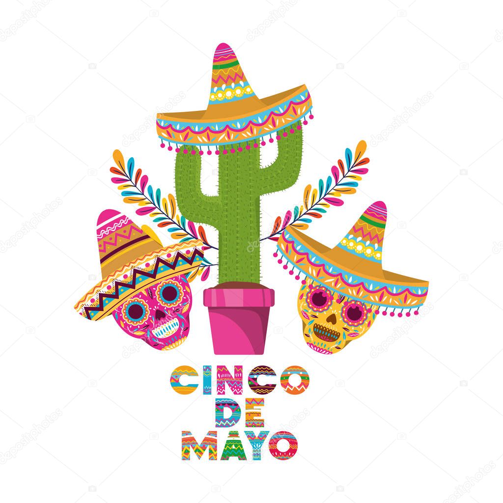 cinco de mayo label with cactus and skull