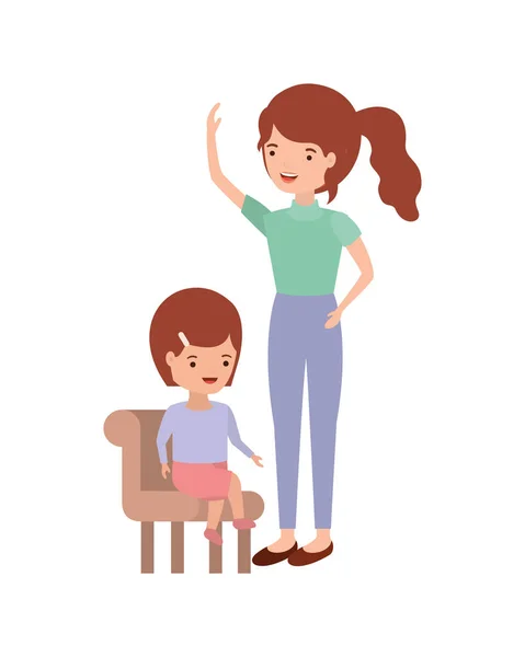 Žena s dítětem sedět na židli avatar znaků — Stockový vektor
