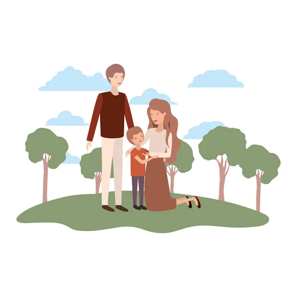 Couple of parents with son in landscape avatar — Stock Vector