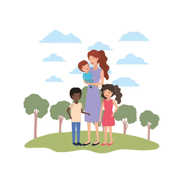 Donna con bambini in avatar paesaggio — Vettoriale Stock