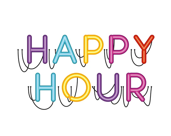 Happy hour etykieta w ikonę neon light — Wektor stockowy